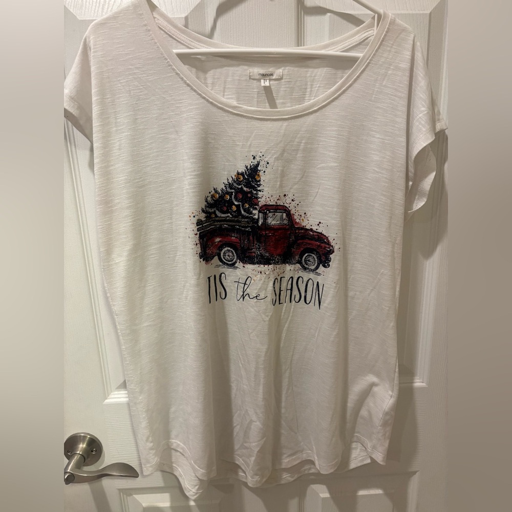 5/$25 Maurices Christmas White T-Shirt with Red Truck Graphic